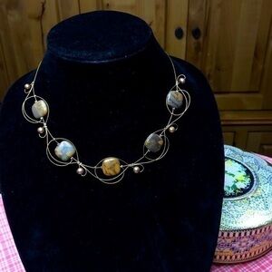 Handmade Natural Stone Bead Necklace Brass Tone